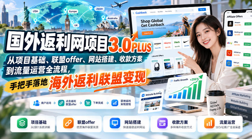 国外返利网项目3.0PLUS，从项目基础、联盟offer、网站搭建、收款方案到流量运营全流程，手把手落地海外返利联盟变现-聚富社