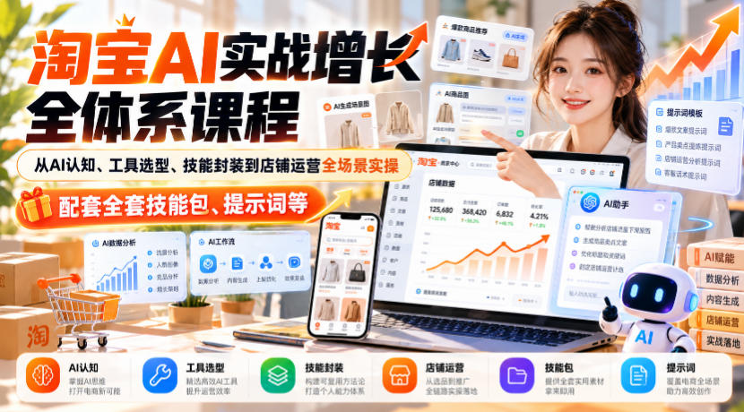 【无水印】淘宝AI实战增长全体系课程，从AI认知、工具选型、技能封装到店铺运营全场景实操，配套全套技能包、提示词等-聚富社
