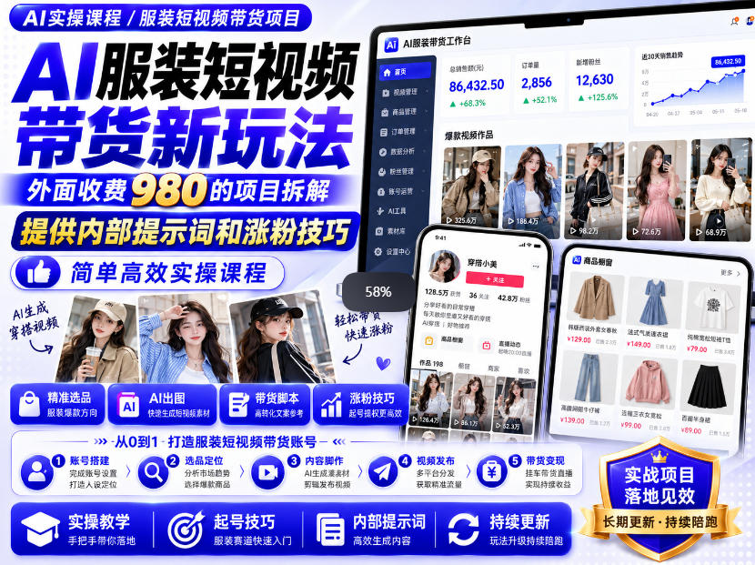外面收费980AI快手带货系统课程，内部课程首次外放，操作简单高效，一分钟一条爆款视频-聚富社