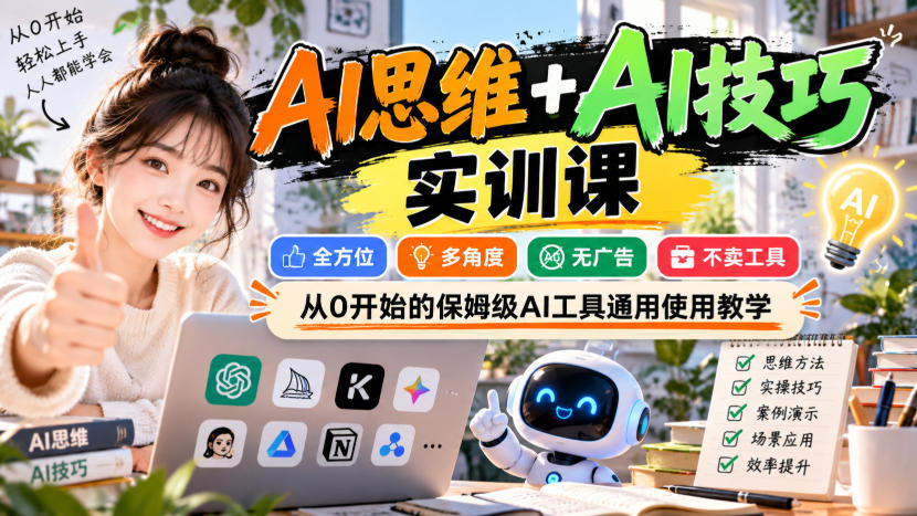 【无水印】AI思维+AI技巧实训课，全方位、多角度、无广告、不卖工具，从0开始的保姆级AI工具通用使用教学-聚富社