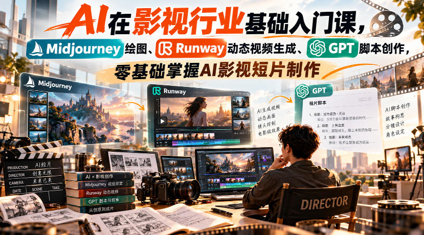 【无水印】AI在影视行业基础入门课，Midjourney绘图、Runway动态视频生成、GPT脚本创作，零基础掌握AI影视短片制作-聚富社