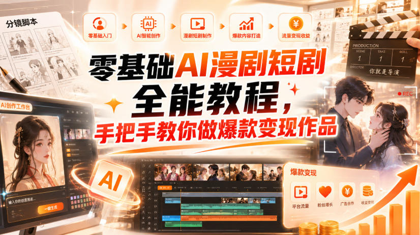 零基础AI漫剧短剧全能教程，从AI智能体搭建、文案脚本分镜、多平台AI生视频、剪映精修，覆盖全题材创作，手把手教你做爆款变现作品-聚富社