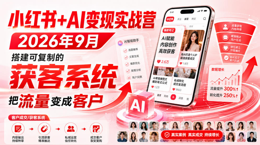 小红书+AI变现实战营2026年9月，搭建可复制的获客系统，把流量变成客户！-聚富社
