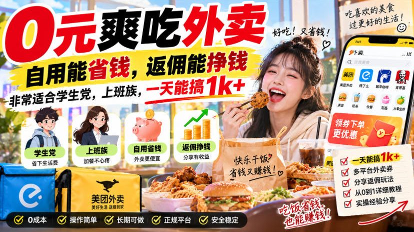 0元爽吃外卖，自用能省钱，返佣能挣钱，非常适合学生党，上班族，一天能搞1k+-聚富社