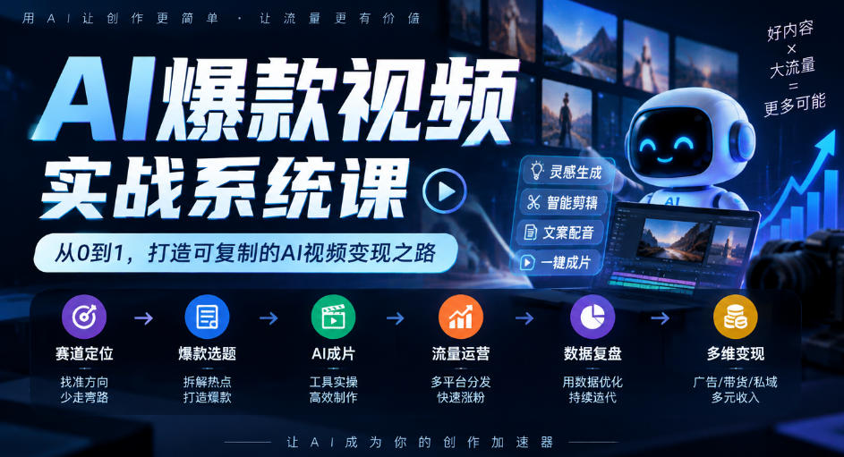AI爆款视频实战系统课｜赛道定位、爆款选题、AI成片、流量运营、数据复盘、多维变现全链路教学-聚富社