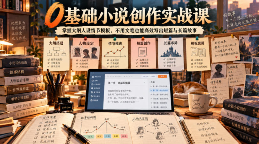 0基础小说创作实战课｜掌握大纲人设情节模板，不用文笔也能高效写出短篇与长篇故事-聚富社