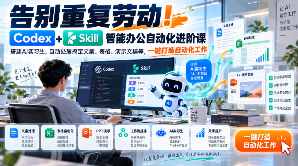 告别重复劳动！Codex+Skill智能办公自动化进阶课｜搭建AI实习生，自动处理搞定文案、表格、演示文稿等，一键打造自动化工作-聚富社
