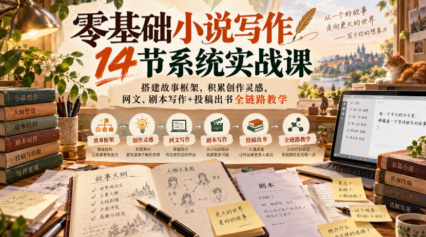零基础小说写作14节系统实战课，搭建故事框架，积累创作灵感，网文、剧本写作+投稿出书全链路教学-聚富社