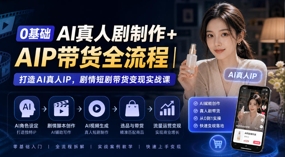 0基础AI真人剧制作+AIP带货全流程｜打造AI真人IP，剧情短剧带货变现实战课-聚富社