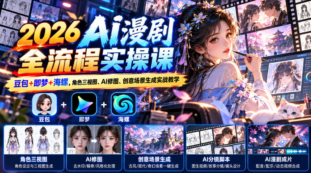 【无水印】2026 AI漫剧全流程实操课｜豆包+即梦+海螺，角色三视图、AI修图、创意场景生成实战教学-聚富社