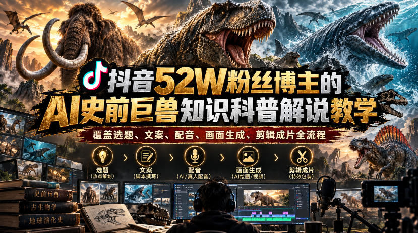 抖音52W粉丝博主的AI史前巨兽知识科普解说教学，覆盖选题、文案、配音、画面生成、剪辑成片全流程-聚富社