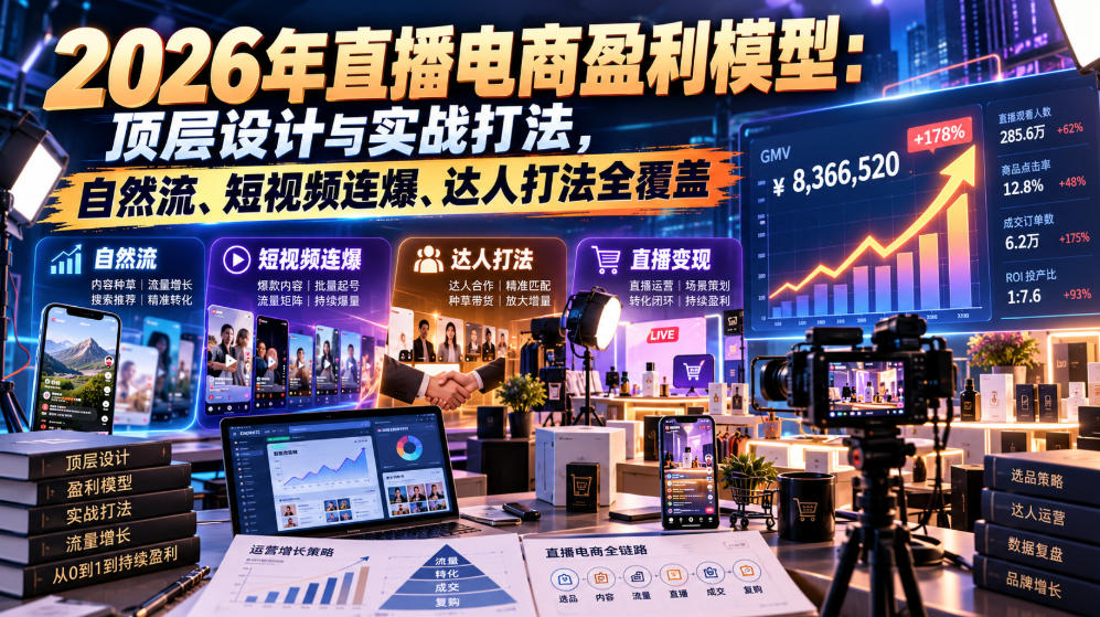2026年直播电商盈利模型：顶层设计与实战打法，自然流、短视频连爆、达人打法全覆盖-聚富社