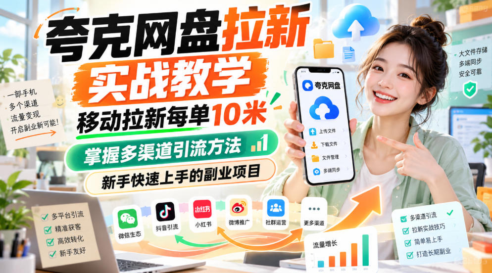 夸克网盘拉新实战教学，移动拉新每单10米，掌握多渠道引流方法，新手快速上手的副业项目（更新1028）-聚富社