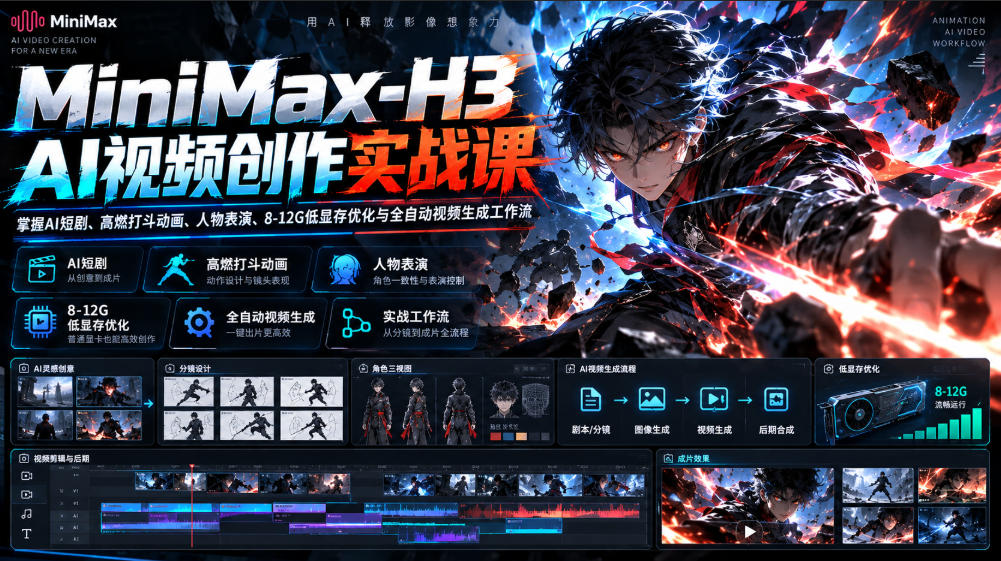 MiniMax-H3 AI视频创作实战课，掌握AI短剧、高燃打斗动画、人物表演、8-12G低显存优化与全自动视频生成工作流-聚富社