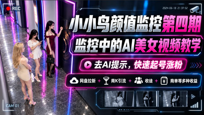 小小鸟颜值监控第四期，监控中的AI美女视频教学，去AI提示，快速起号涨粉，网盘拉新+商K引流+收徒+商单等多种收益-聚富社