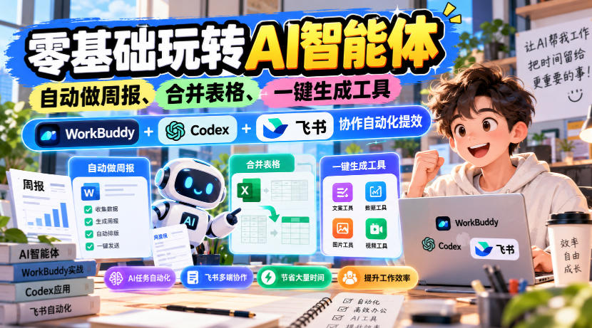 【无水印】零基础玩转AI智能体，自动做周报、合并表格、一键生成工具，WorkBuddy+Codex + 飞书协作自动化提效-聚富社