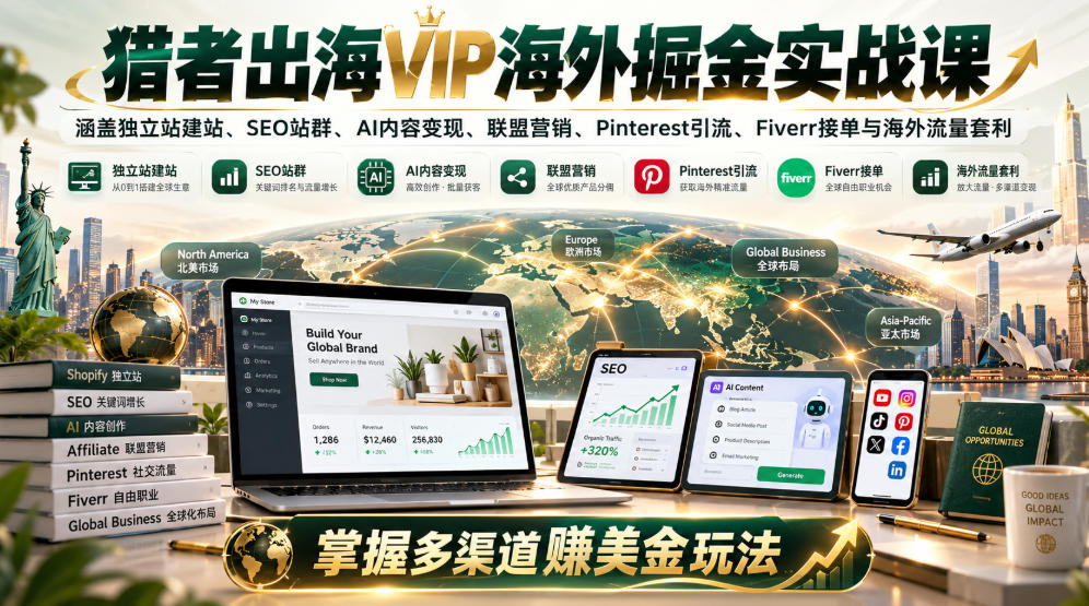猎者出海VIP海外掘金实战课：涵盖独立站、SEO站群、AI变现、联盟营销、Pinterest引流、Fiverr接单与海外流量套利，掌握多渠道賺美金玩法-聚富社