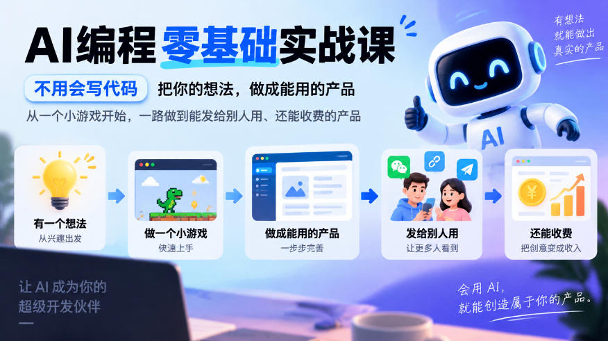 AI编程零基础实战课，不用会写代码，把你的想法，做成能用的产品，从一个小游戏开始，一路做到能发给别人用、还能收费的产品-聚富社