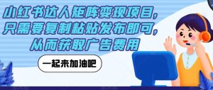 小红书达人矩阵变现项目,只需要复制粘贴发布即可,从而获取广告费用-聚富社