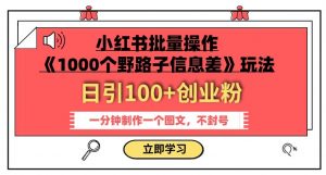 小红书批量操作《1000个野路子信息差》玩法,一分钟制作一个图文,不封号,日引100+创业粉-聚富社