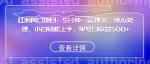 红利风口项目:5分钟一篇爆文,纯AI处理,小白轻松上手,单号日收益500+【揭秘】-聚富社