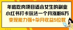 年底吃肉项目适合女生的副业小红书打卡玩法一个月涨粉6万+变现能力强+单月收益5位数【揭秘】-聚富社