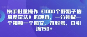 快手批量操作《1000个野路子信息差玩法》的项目,一分钟做一个视频一个图文,不封号,日引流150+【揭秘】-聚富社