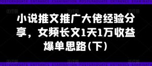 小说推文推广大佬经验分享,女频长文1天1万收益爆单思路(下)-聚富社