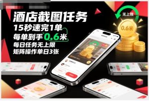 酒店截图任务，15秒速完1单，每单到手0.6米，每日任务无上限，全网首发玩法，矩阵操作单日3张【揭秘】-聚富社
