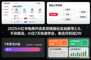 2025小红书电商开店卖货精细化实战教学2.0，不讲废话，小白7天快速学会，单店月利润2W-聚富社