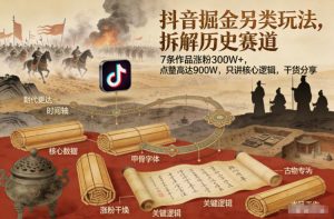 抖音掘金另类玩法，拆解历史赛道，7条作品涨粉300W+，点赞量高达900W，只讲核心逻辑，干货分享-聚富社