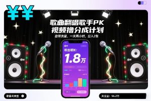歌曲翻唱歌手PK视频撸分成计划，自带流量，一天两小时，日入2张-聚富社