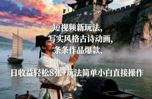 短视频新玩法，写实风格古诗动画，条条作品爆款，日收益轻松8张+玩法简单小白直接操作-聚富社