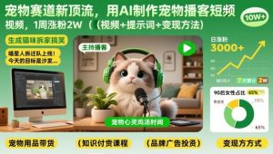 宠物赛道新顶流，用AI制作宠物播客短视频，1周涨粉2W（视频+提示词+变现方法）-聚富社