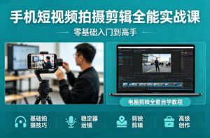 手机短视频拍摄剪辑全能实战课:零基础入门到高手,稳定器运镜+电脑剪映全套自学教程-聚富社