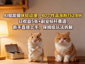 AI赋能猫咪轻动漫，40个作品涨粉152.8W，日收益5张+副业标杆赛道，新手直接上手，保姆级玩法拆解-聚富社