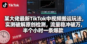 某大佬最新TikTok中视频搬运玩法,实测破解原创检测,流量稳冲破万,半个小时一条爆款-聚富社
