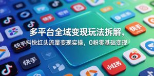 多平台全域变现玩法拆解，抖快红头流量变现实操，0粉零基础变现-聚富社