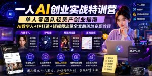 一人AI创业实战特训营，单人零团队轻资产创业指南，AI数字人+IP打造+短视频流量全套路落地变现教程-聚富社