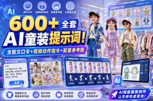 600+全套AI童装提示词!含图文口令+视频动作指令+配套参考图,Word-Excel规整分类,童装电商、种草无脑量产内容!-聚富社