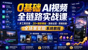 0基础AI视频全链路实战课|多工具实操・20+爆款模板・涨粉运营・剪辑拍摄・全场景变现系统教程-聚富社