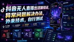 抖音无人直播出活体验证，异常问题解决办法，外来技术，自行测试-聚富社