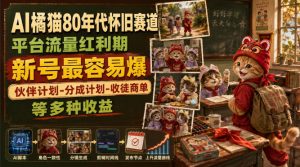 AI橘猫80年代怀旧赛道,平台流量红利期,新号最容易爆,伙伴计划-分成计划-收徒商单等多种收益-聚富社