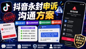 抖音永封申诉沟通方案，包含话术，包含继承违禁，非百分百技术，会员自测-聚富社