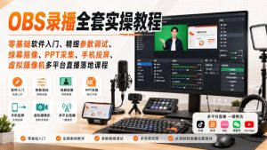 OBS录播全套实操教程|零基础软件入门、精细参数调试、绿幕抠像、手机投屏、虚拟摄像机多平台直播落地课程-聚富社