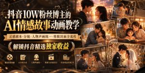 抖音10W粉丝博主的AI情感故事动画教学,灵感剧本‑分镜‑人物声画统一‑剪辑封面全流程,解锁抖音精选独家收益-聚富社