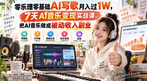 零乐理零基础AI写歌月入过1W，7天AI音乐变现实战课，把AI音乐做成被动收入副业-聚富社