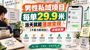 男性私域项目,每单29.9米,当天就能落地变现【不是S粉项目】,详细拆解-聚富社