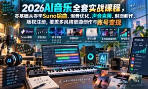 2026AI音乐实战课程,零基础从零学Suno编曲、混音优化、声音克隆、版权注册,覆盖多风格歌曲创作与账号变现-聚富社