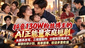 抖音130W粉丝博主的AI正能量家庭短剧,从剧本改写、三视图制作、分镜到剪辑成片,解锁伙伴计划、商单接单、收徒多重收益-聚富社